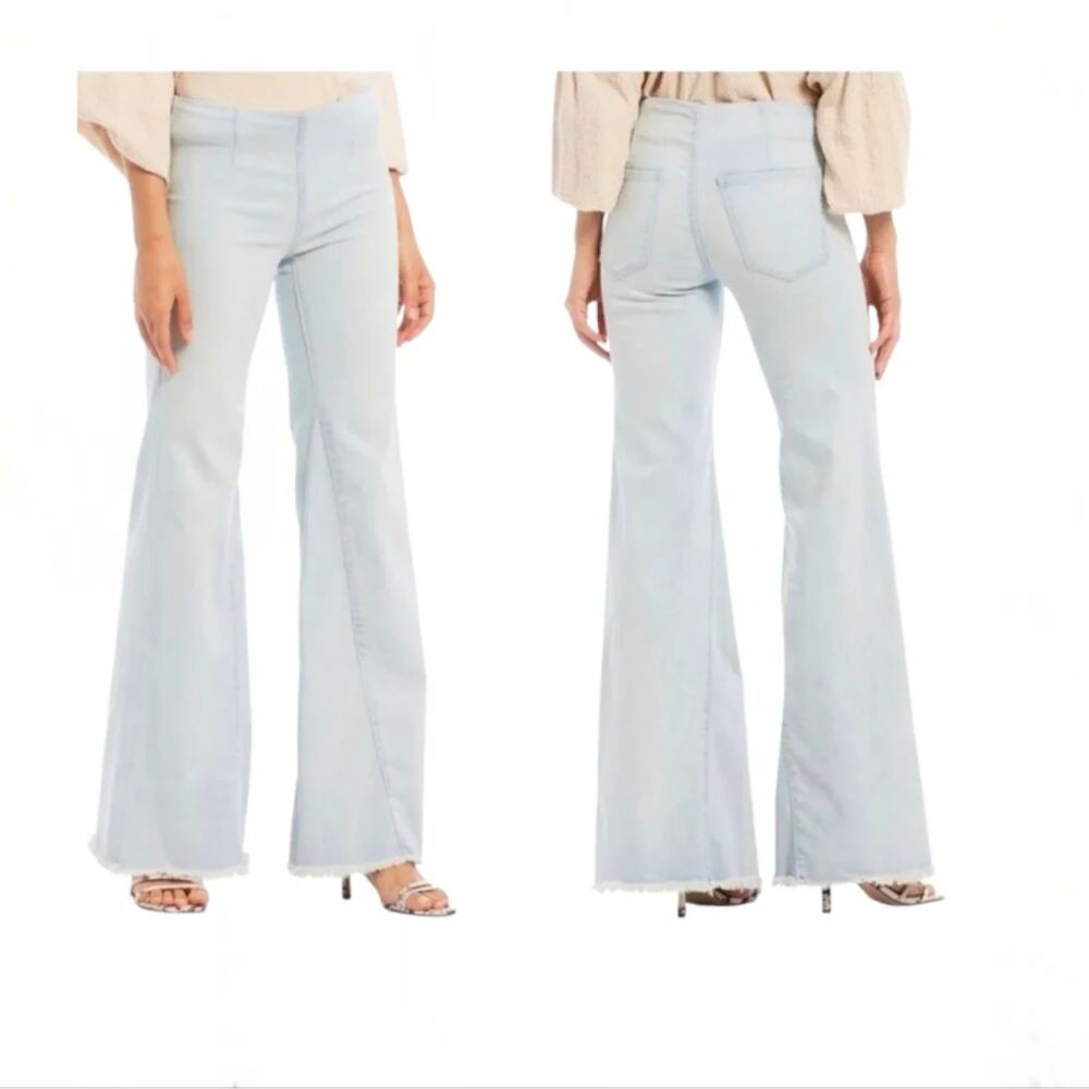 25 Free People Denim Stretch Wide Leg Flare A Line Raw Hem Festival Hippy Boho